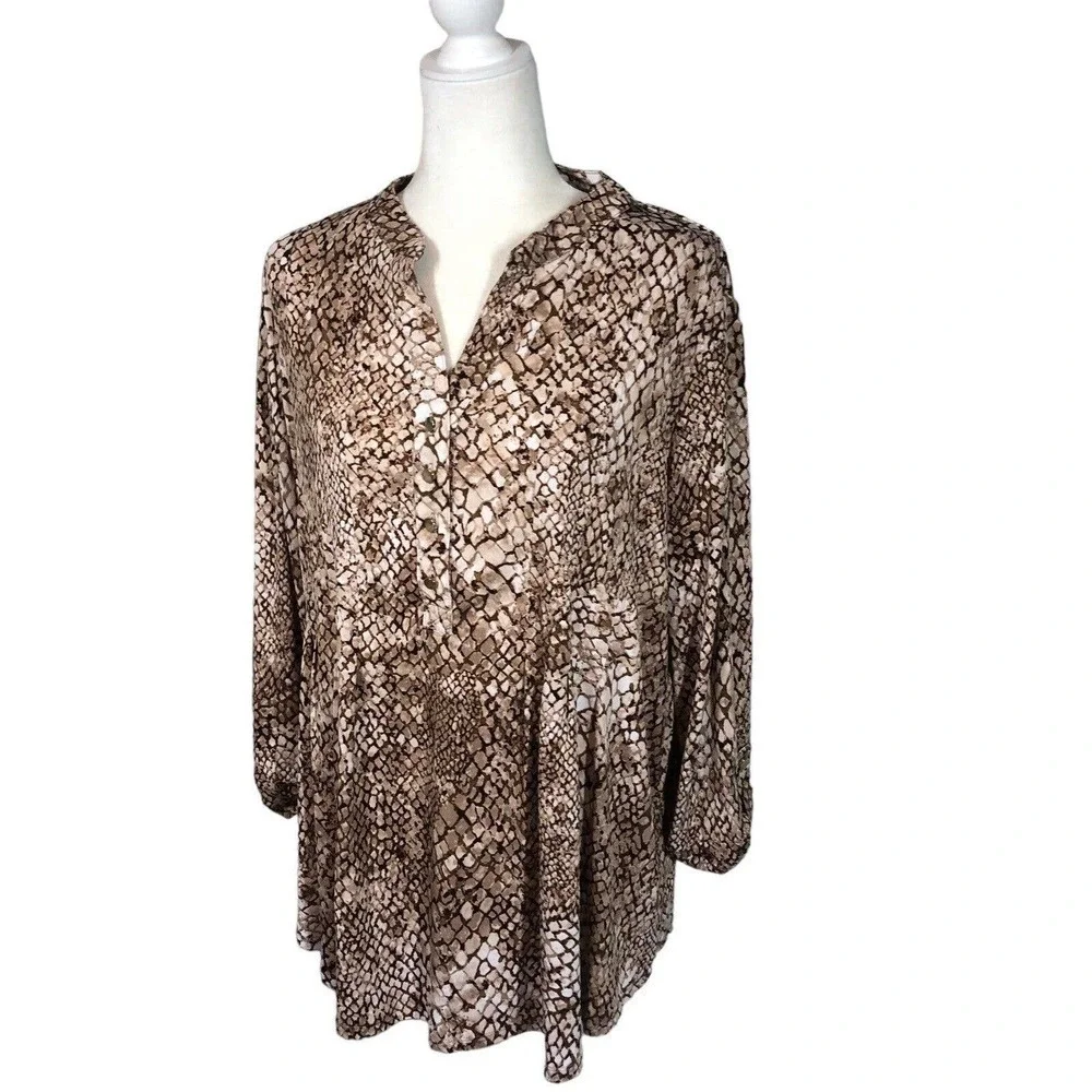 Established‎ 1962 Top Womens 2X Brown Babydoll Tunic Snakeskin Flowy Office Wear
